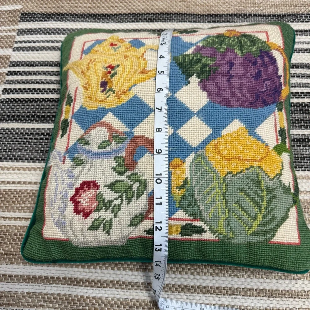 Vintage Wool‎ Needlepoint Multicolor Throw Pillow Teapot Collection